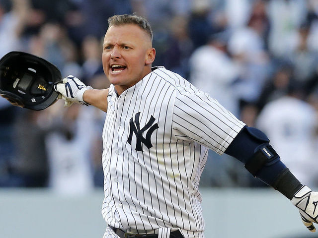 NEW YORK, NEW YORK - APRIL 08: (NEW YORK DAILIES OUT) Josh Donaldson #28 of the New York Yankees celebrates his eleventh inning game winning base hit against the Boston Red Sox at Yankee Stadium on April 08, 2022 in New York City. The Yankees defeated the Red Sox 6-5 in eleven innings.