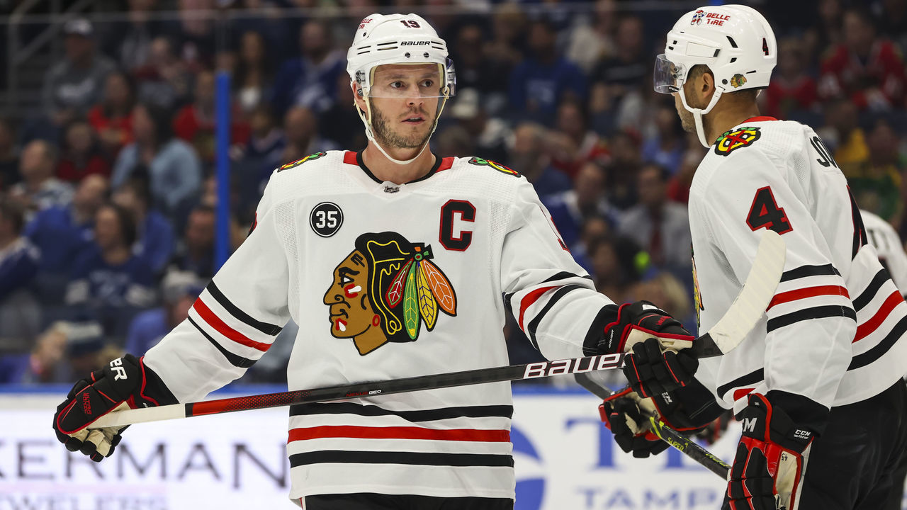 TAMPA, FL - APRIL 1: Jonathan Toews #19 of the Chicago Blackhawks against the Tampa Bay Lightning during the first period at Amalie Arena on April 1, 2022 in Tampa, Florida.