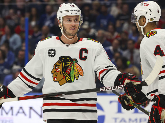 TAMPA, FL - APRIL 1: Jonathan Toews #19 of the Chicago Blackhawks against the Tampa Bay Lightning during the first period at Amalie Arena on April 1, 2022 in Tampa, Florida.