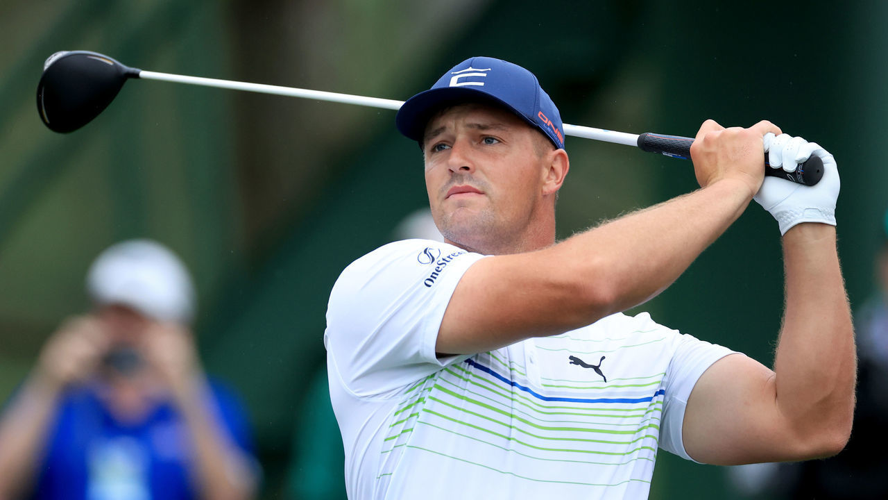 AUGUSTA, GEORGIA - APRIL 06: Bryson DeChambeau of the United States plays his shot from the 18th tee during a practice round prior to the Masters at Augusta National Golf Club on April 06, 2022 in Augusta, Georgia.