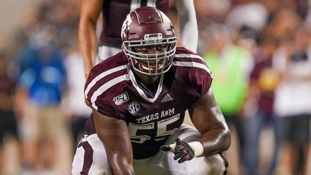 COLLEGE STATION, TX - AUGUST 29: Texas A&M Aggies offensive lineman Kenyon Green (55) gets ready for a play during the game between the Texas State Bobcats and Texas A&M Aggies on August 29, 2019 at Kyle Field in College Station, Texas.