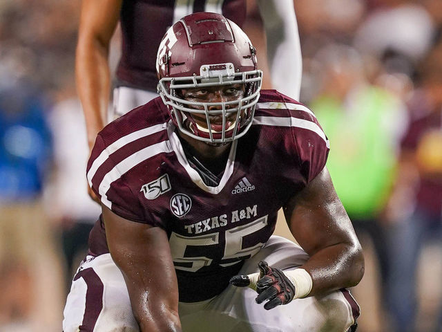 COLLEGE STATION, TX - AUGUST 29: Texas A&M Aggies offensive lineman Kenyon Green (55) gets ready for a play during the game between the Texas State Bobcats and Texas A&M Aggies on August 29, 2019 at Kyle Field in College Station, Texas.