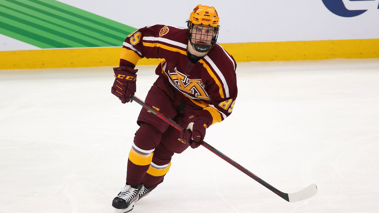 BOSTON, MA - APRIL 07: Minnesota Golden Gophers forward Matthew Knies (89) in action during the Frozen Four of the Men's Div I NCAA Hockey Championship between Minnesota Golden Gophers and Minnesota State Mavericks on April 7, 2022, at TD Garden in Boston, MA.