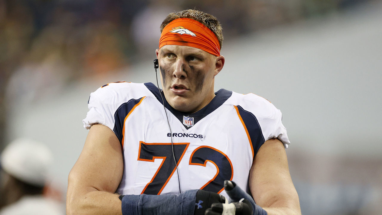 SEATTLE, WASHINGTON - AUGUST 21: Offensive tackle Garett Bolles #72 of the Denver Broncos look on during an NFL preseason game against the Seattle Seahawks at Lumen Field on August 21, 2021 in Seattle, Washington. The Denver Broncos beat the Seattle Seahawks 30-3.