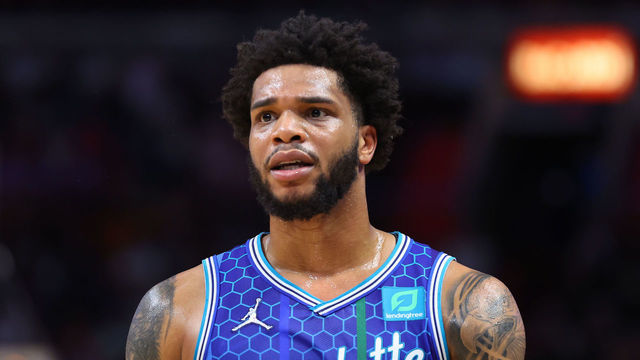 MIAMI, FLORIDA - APRIL 05: Miles Bridges #0 of the Charlotte Hornets reacts against the Miami Heat during the first half at FTX Arena on April 05, 2022 in Miami, Florida.