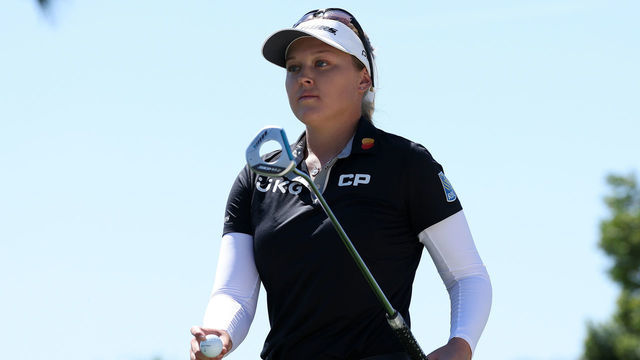 RANCHO MIRAGE, CALIFORNIA - APRIL 01: Brooke M. Henderson of Canada reacts to her birdie on the 15th hole during the second round of The Chevron Championship at The Westin Mission Hills Golf Resort & Spa on April 01, 2022 in Rancho Mirage, California.