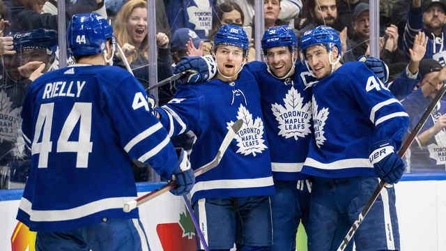 TORONTO, ON - APRIL 14: William Nylander #88 of the Toronto Maple Leafs celebrates his goal against the Washington Capitals with teammates Morgan Rielly #44, John Tavares #91 and Ilya Lyubushkin #46 during the second period at the Scotiabank Arena on April 14, 2022 in Toronto, Ontario, Canada.