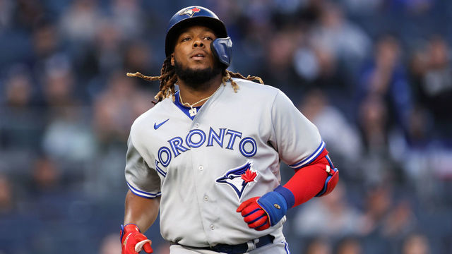 NEW YORK, NEW YORK - APRIL 12: Vladimir Guerrero Jr. #27 of the Toronto Blue Jays reacts after striking out during the first inning of the game against the New York Yankees at Yankee Stadium on April 12, 2022 in New York City.