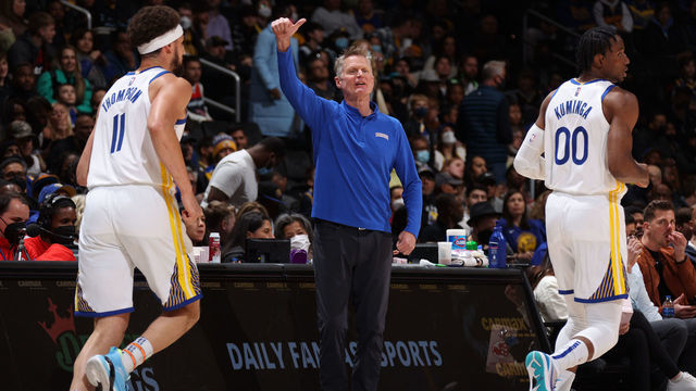 WASHINGTON, DC - MARCH 27: Head Coach Steve Kerr of the Golden State Warriors looks on during the game against the Washington Wizards on March 27, 2022 at Capital One Arena in Washington, DC. Mandatory Copyright Notice: Copyright 2022 NBAE