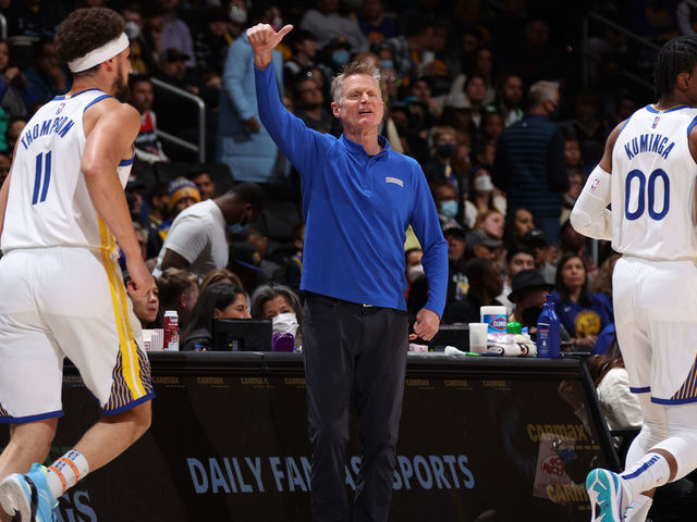 WASHINGTON, DC - MARCH 27: Head Coach Steve Kerr of the Golden State Warriors looks on during the game against the Washington Wizards on March 27, 2022 at Capital One Arena in Washington, DC. Mandatory Copyright Notice: Copyright 2022 NBAE