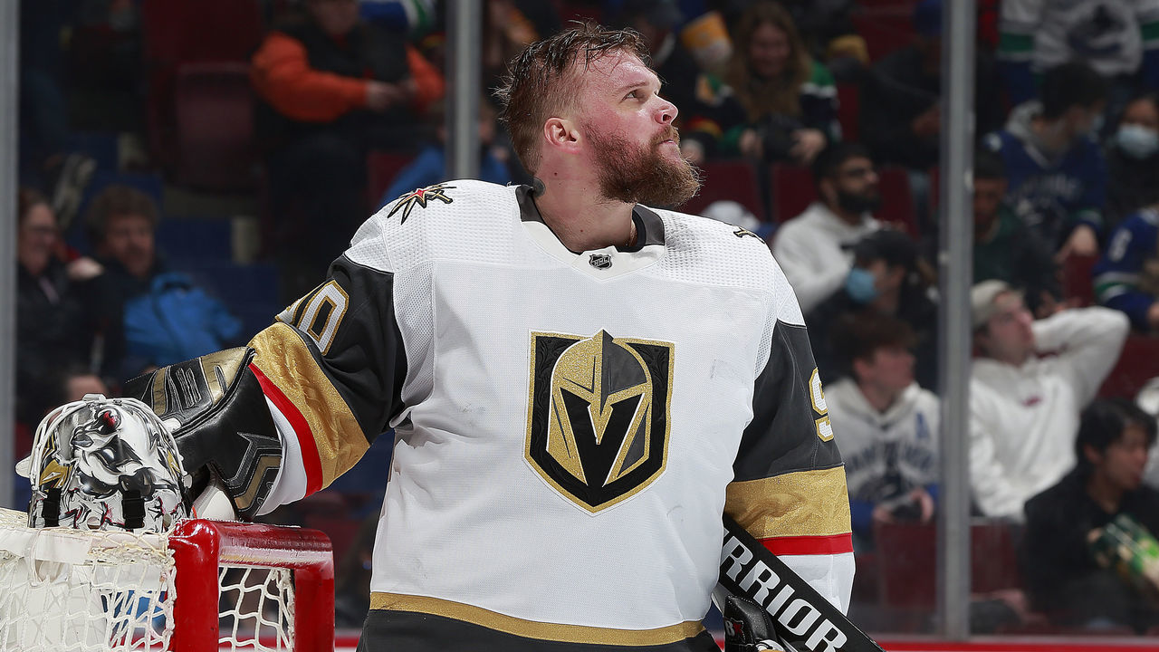VANCOUVER, BC - APRIL 12: Robin Lehner #90 of the Vegas Golden Knights looks up the ice during their NHL game against the Vancouver Canucks at Rogers Arena April 12, 2022 in Vancouver, British Columbia, Canada.