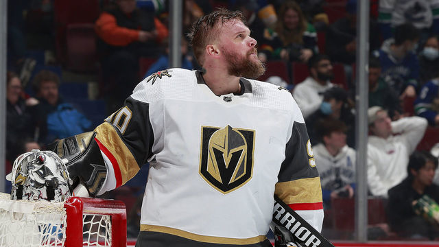 VANCOUVER, BC - APRIL 12: Robin Lehner #90 of the Vegas Golden Knights looks up the ice during their NHL game against the Vancouver Canucks at Rogers Arena April 12, 2022 in Vancouver, British Columbia, Canada.