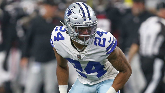 ARLINGTON, TX - NOVEMBER 14: Dallas Cowboys Cornerback Kelvin Joseph (24) lines up during the game between the Dallas Cowboys and Atlanta Falcons on November 14, 2021 at AT&T Stadium in Arlington, TX.