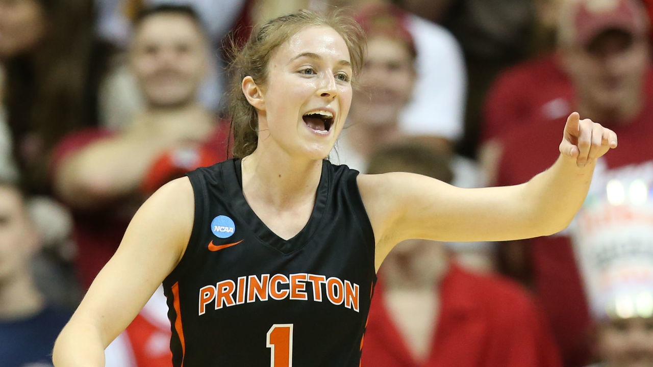 BLOOMINGTON, IN - MARCH 21: Abby Meyers #1 of the Princeton Tigers celebrates a play against the Indiana Hoosiers during the second round of the 2022 NCAA Women's Basketball Tournament held at Simon Skjodt Assembly Hall on March 21, 2022 in Bloomington, Indiana.