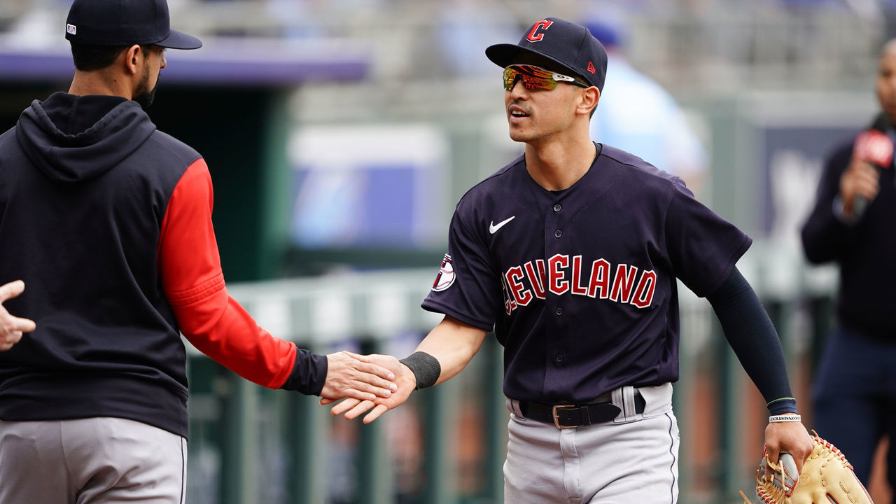 KANSAS CITY, MISSOURI - APRIL 11: Steven Kwan #38 of the Cleveland Guardians greets teammates before the game against the Kansas City Royals at Kauffman Stadium on April 11, 2022 in Kansas City, Missouri.