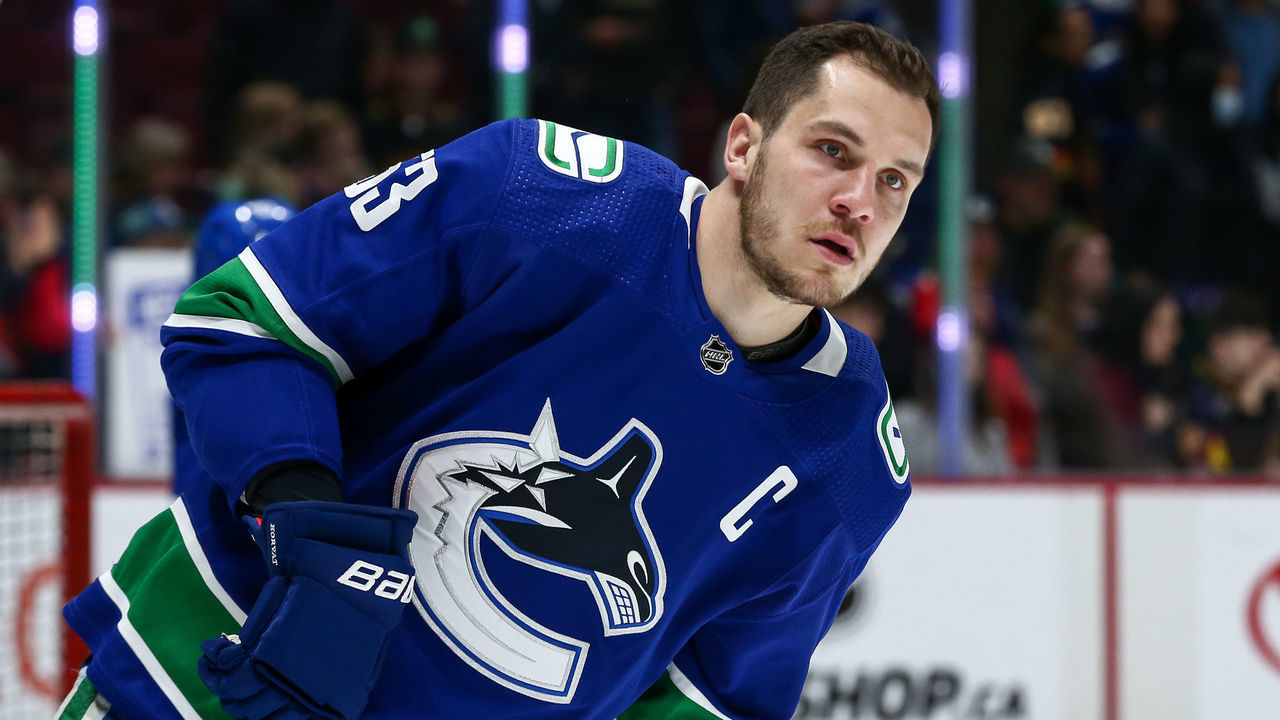 VANCOUVER, BC - APRIL 14: Vancouver Canucks Center Bo Horvat (53) warms up to play the Arizona Coyotes during their NHL game at Rogers Arena on April 14, 2022 in Vancouver, British Columbia, Canada.