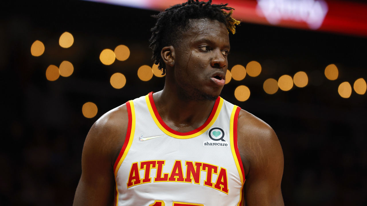 ATLANTA, GA - MARCH 31: Clint Capela #15 of the Atlanta Hawks reacts after a dunk during the second half against the Cleveland Cavaliers at State Farm Arena on December 19, 2021 in Atlanta, Georgia.