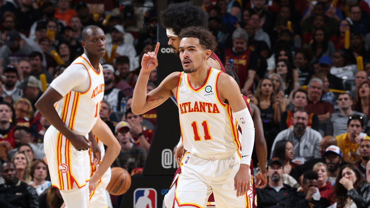 CHICAGO, IL - APRIL 15: Trae Young #11 of the Atlanta Hawks looks on during the game against the Cleveland Cavaliers during the 2022 Play-In Tournament on April 15, 2022 at Rocket Mortgage Fieldhouse in Cleveland, Ohio. Mandatory Copyright Notice: Copyright 2022 NBAE