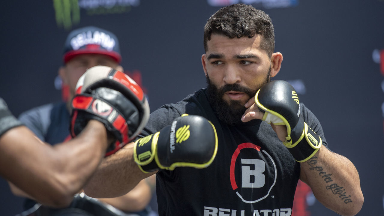 Inglewood, CA - July 22: Champion Patricio "Pitbull" Freire during the Bellator 263 open workout at The Forum in Inglewood, Thursday, July 22, 2021. The card features the $1 million featherweight title fight between Freire and AJ McKee on July 31 at The Forum.