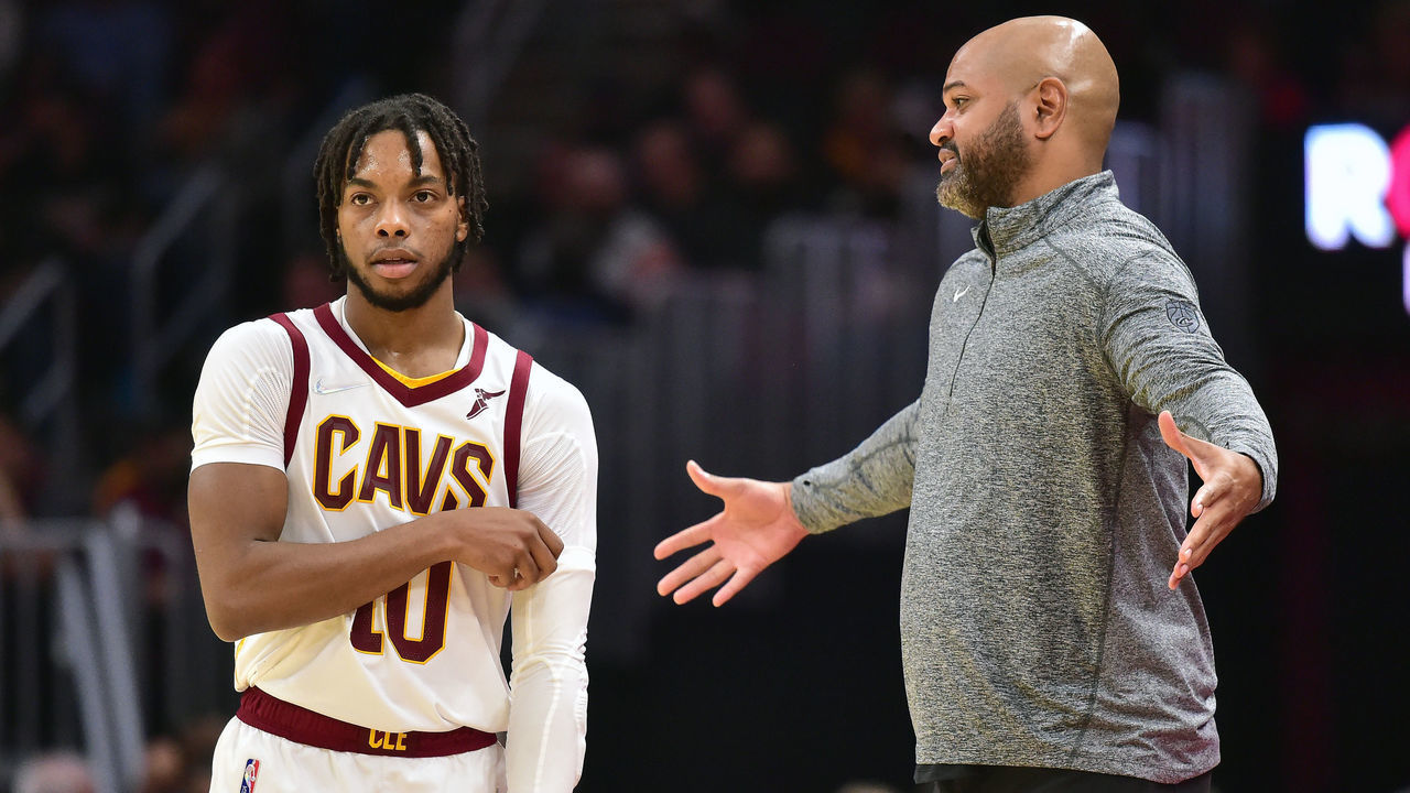 CLEVELAND, OHIO - NOVEMBER 03: Darius Garland #10 talks with head coach John-Blair Bickerstaff of the Cleveland Cavaliers during the second half against the Portland Trail Blazers at Rocket Mortgage Fieldhouse on November 03, 2021 in Cleveland, Ohio. The Cavaliers defeated the Trail Blazers 107-104. NOTE TO USER: User expressly acknowledges and agrees that, by downloading and/or using this photograph, user is consenting to the terms and conditions of the Getty Images License Agreement.