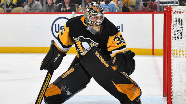 PITTSBURGH, PA - MARCH 29: Tristan Jarry #35 of the Pittsburgh Penguins defends the net against the New York Rangers at PPG PAINTS Arena on March 29, 2022 in Pittsburgh, Pennsylvania.