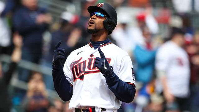 MINNEAPOLIS, MN - APRIL 10: Byron Buxton #25 of the Minnesota Twins celebrates his solo home run as he crosses home plate in the first inning of the game against the Seattle Mariners at Target Field on April 10, 2022 in Minneapolis, Minnesota.
