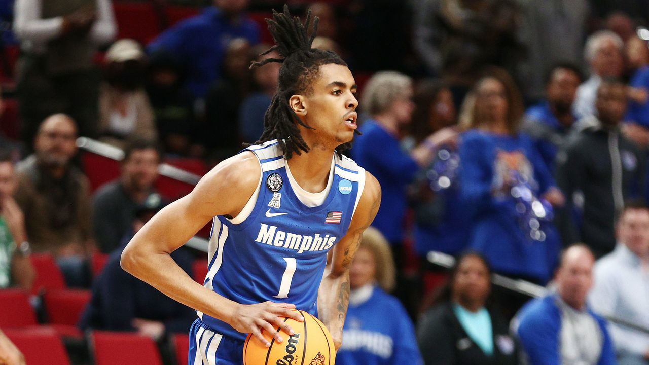 PORTLAND, OREGON - MARCH 17: Emoni Bates #1 of the Memphis Tigers handles the ball during the first half against the Boise State Broncos in the first round game of the 2022 NCAA Men's Basketball Tournament at Moda Center on March 17, 2022 in Portland, Oregon.