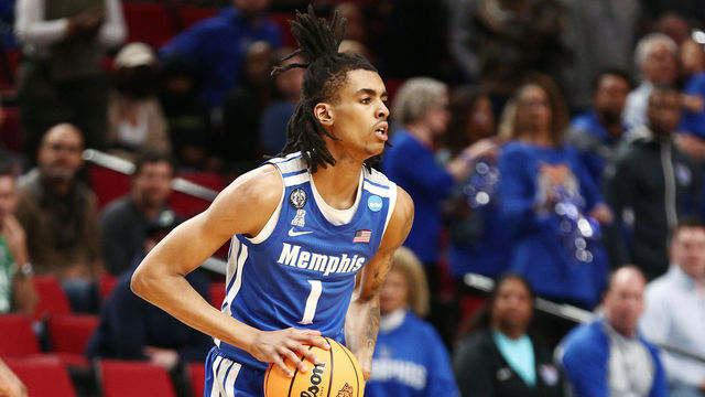 PORTLAND, OREGON - MARCH 17: Emoni Bates #1 of the Memphis Tigers handles the ball during the first half against the Boise State Broncos in the first round game of the 2022 NCAA Men's Basketball Tournament at Moda Center on March 17, 2022 in Portland, Oregon.