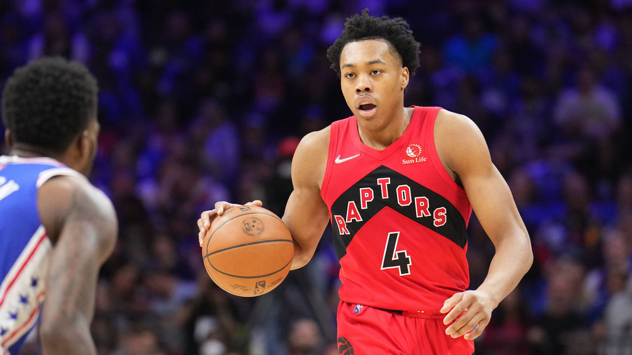 PHILADELPHIA, PA - APRIL 16: Scottie Barnes #4 of the Toronto Raptors handles the ball against the Philadelphia 76ers during Round 1 Game 1 of the 2022 NBA Playoffs on April 16, 2022 at Wells Fargo Center in Philadelphia, Pennsylvania. NOTE TO USER: User expressly acknowledges and agrees that, by downloading and/or using this Photograph, user is consenting to the terms and conditions of the Getty Images License Agreement. Mandatory Copyright Notice: Copyright 2022 NBAE