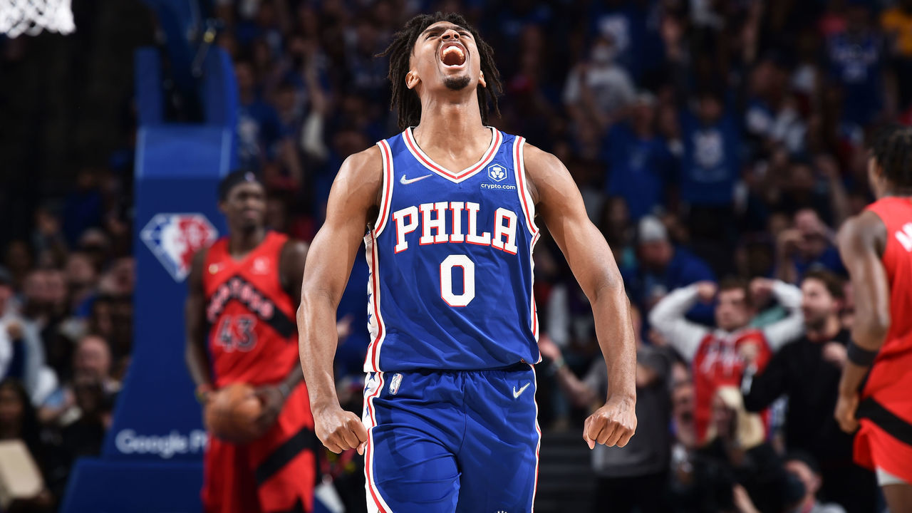 PHILADELPHIA, PA - APRIL 16: Tyrese Maxey #0 of the Philadelphia 76ers celebrates a play during the game against the Toronto Raptors during Round 1 Game 1 of the 2022 NBA Playoffs on April 16, 2022 at the Wells Fargo Center in Philadelphia, Pennsylvania NOTE TO USER: User expressly acknowledges and agrees that, by downloading and/or using this Photograph, user is consenting to the terms and conditions of the Getty Images License Agreement. Mandatory Copyright Notice: Copyright 2022 NBAE