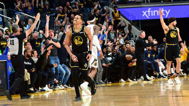 SAN FRANCISCO, CA - APRIL 16: Jordan Poole #3 of the Golden State Warriors celebrates against the Denver Nuggets during Round 1 Game 1 of the 2022 NBA Playoffs on APRIL 16, 2022 at Chase Center in San Francisco, California. NOTE TO USER: User expressly acknowledges and agrees that, by downloading and or using this photograph, user is consenting to the terms and conditions of Getty Images License Agreement. Mandatory Copyright Notice: Copyright 2022 NBAE
