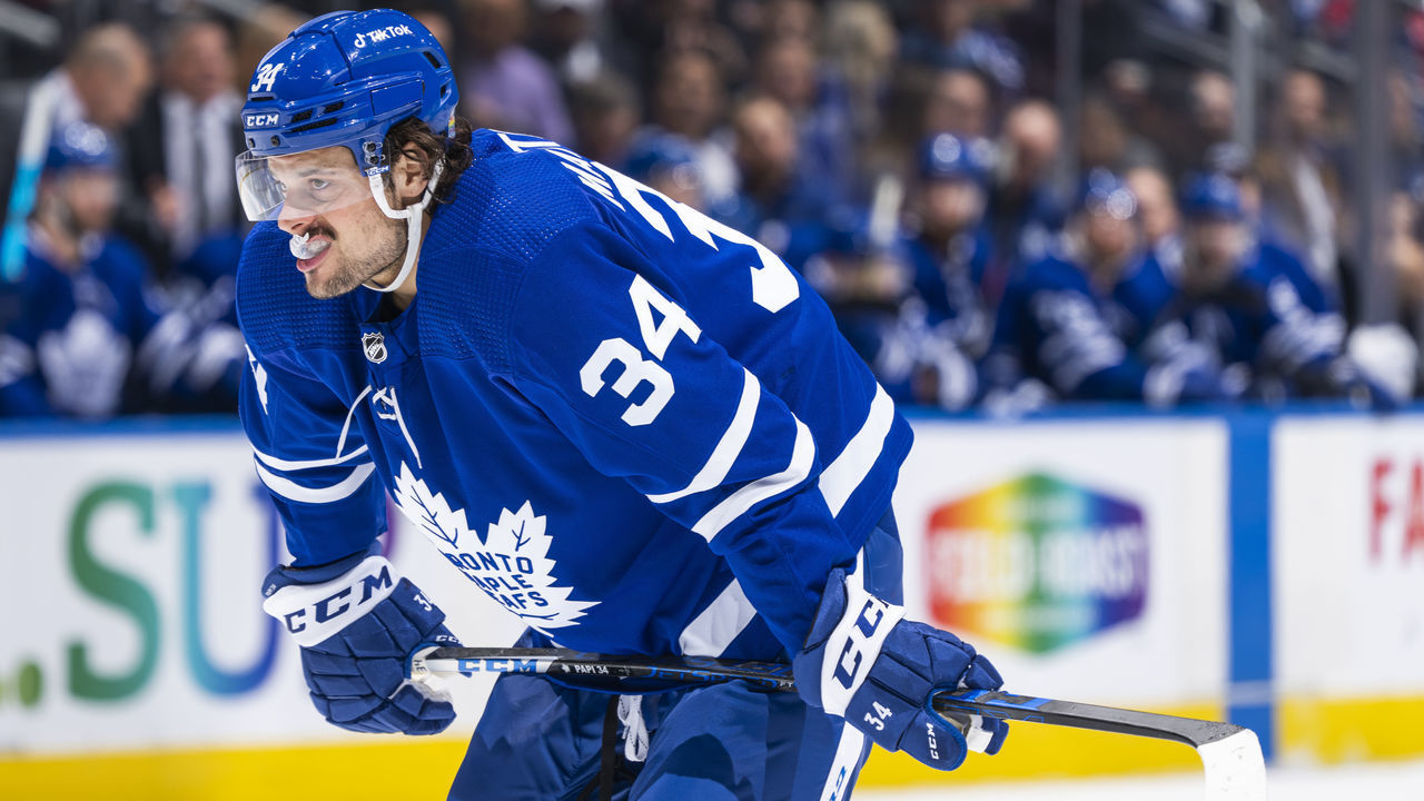 TORONTO, ON - APRIL 14: Auston Matthews #34 of the Toronto Maple Leafs looks on against the Washington Capitals during the first period at the Scotiabank Arena on April 14, 2022 in Toronto, Ontario, Canada.