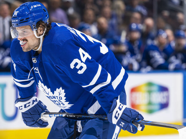 TORONTO, ON - APRIL 14: Auston Matthews #34 of the Toronto Maple Leafs looks on against the Washington Capitals during the first period at the Scotiabank Arena on April 14, 2022 in Toronto, Ontario, Canada.