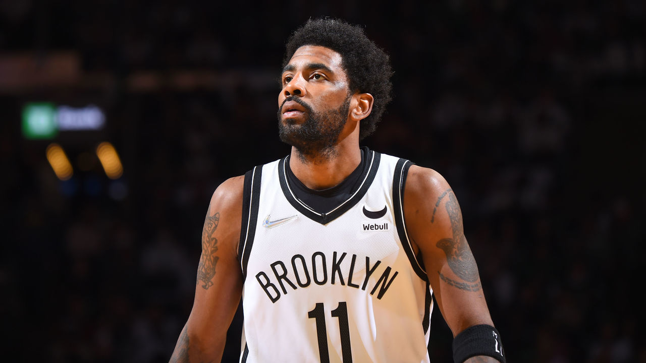 BOSTON, MA - APRIL 17: Kyrie Irving #11 of the Brooklyn Nets looks on during Round 1 Game 1 of the 2022 NBA Playoffs on April 17, 2022 at the TD Garden in Boston, Massachusetts. Mandatory Copyright Notice: Copyright 2022 NBAE