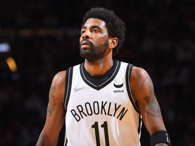 BOSTON, MA - APRIL 17: Kyrie Irving #11 of the Brooklyn Nets looks on during Round 1 Game 1 of the 2022 NBA Playoffs on April 17, 2022 at the TD Garden in Boston, Massachusetts. Mandatory Copyright Notice: Copyright 2022 NBAE