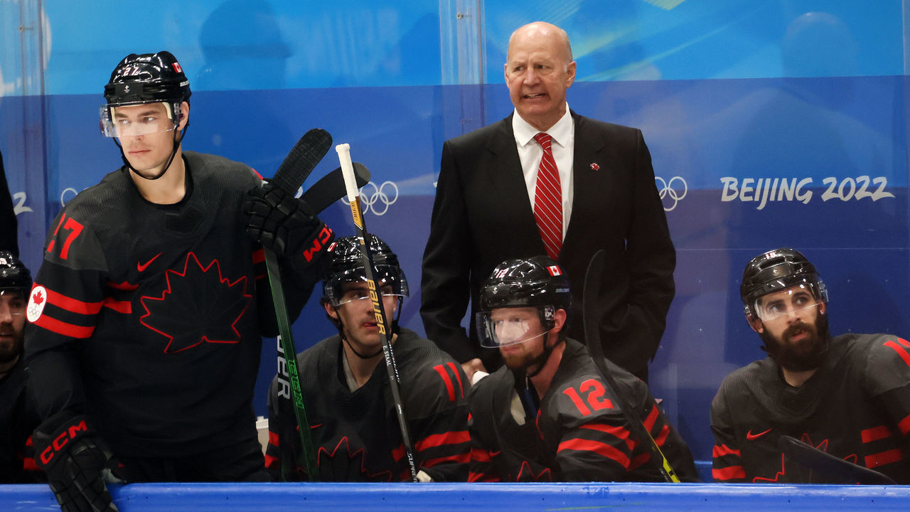 BEIJING, CHINA - FEBRUARY 16: Head coach Claude Julien of Team Canada reacts in the first period during the Men’s Ice Hockey Quarterfinal match between Team Sweden and Team Canada on Day 12 of the Beijing 2022 Winter Olympic Games at National Indoor Stadium on February 16, 2022 in Beijing, China.
