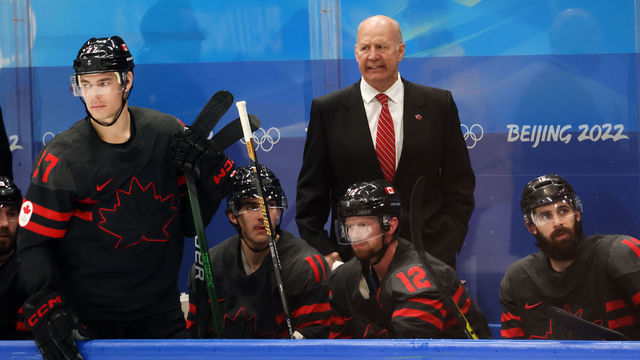 BEIJING, CHINA - FEBRUARY 16: Head coach Claude Julien of Team Canada reacts in the first period during the Men’s Ice Hockey Quarterfinal match between Team Sweden and Team Canada on Day 12 of the Beijing 2022 Winter Olympic Games at National Indoor Stadium on February 16, 2022 in Beijing, China.