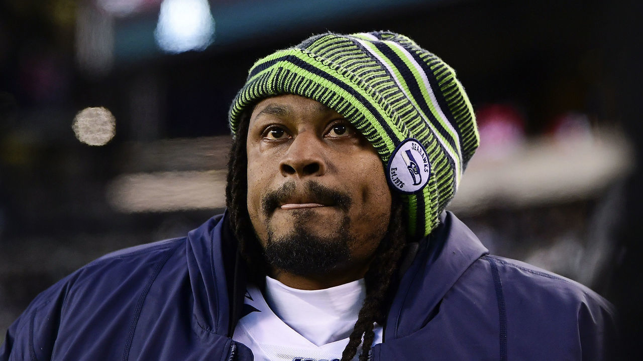 PHILADELPHIA, PENNSYLVANIA - JANUARY 05: Marshawn Lynch #24 of the Seattle Seahawks looks on against the Philadelphia Eagles in the NFC Wild Card Playoff game at Lincoln Financial Field on January 05, 2020 in Philadelphia, Pennsylvania.