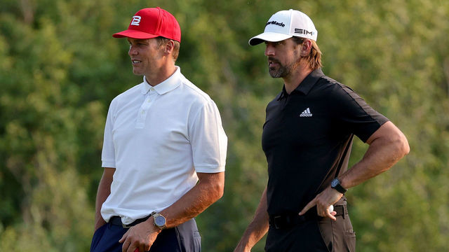 BIG SKY, MONTANA - JULY 06: Tom Brady (L) and Aaron Rodgers meet during Capital One's The Match at The Reserve at Moonlight Basin on July 06, 2021 in Big Sky, Montana.