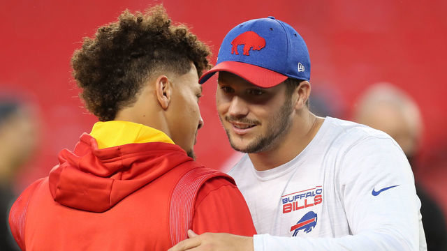 KANSAS CITY, MO - OCTOBER 10: Buffalo Bills quarterback Josh Allen (17) and Kansas City Chiefs quarterback Patrick Mahomes (15) hug before an NFL football game between the Buffalo Bills and Kansas City Chiefs on Oct 10, 2021 at GEHA Filed at Arrowhead Stadium in Kansas City, MO.