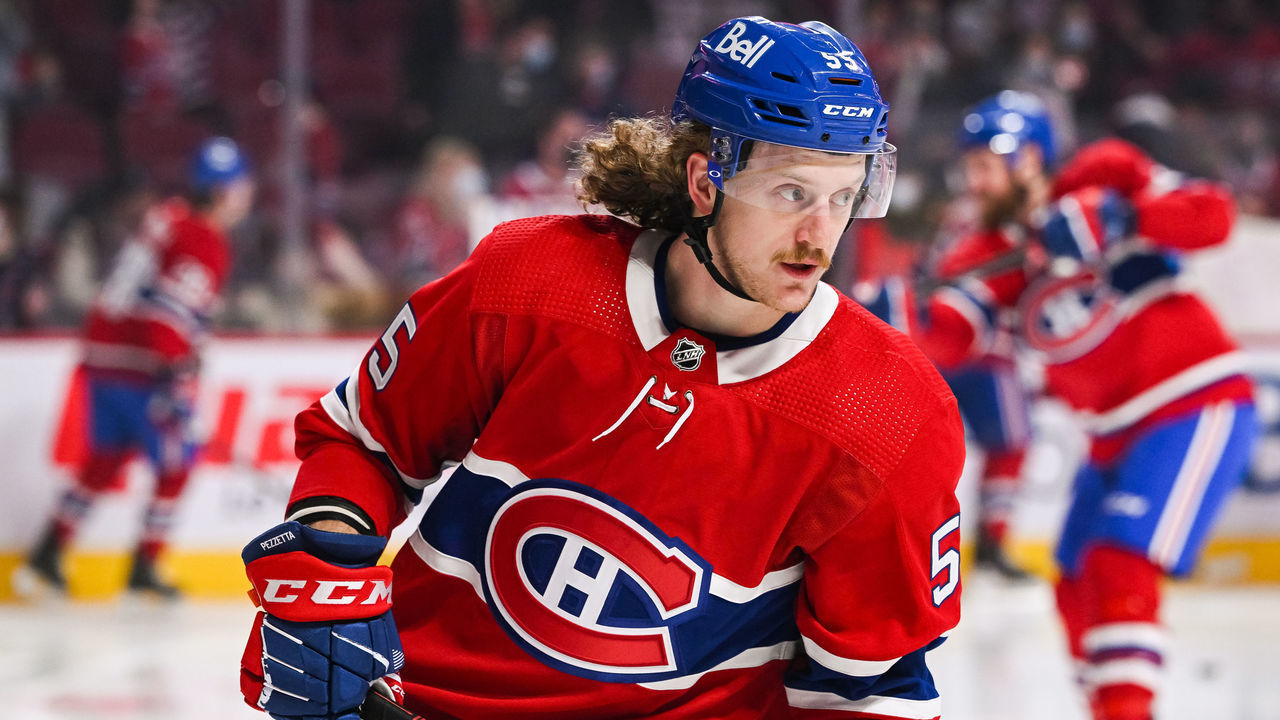 MONTREAL, QC - MARCH 24: Look on Montreal Canadiens left wing Michael Pezzetta (55) at warm-up before the Florida Panthers versus the Montreal Canadiens game on March 24, 2022 at Bell Centre in Montreal, QC