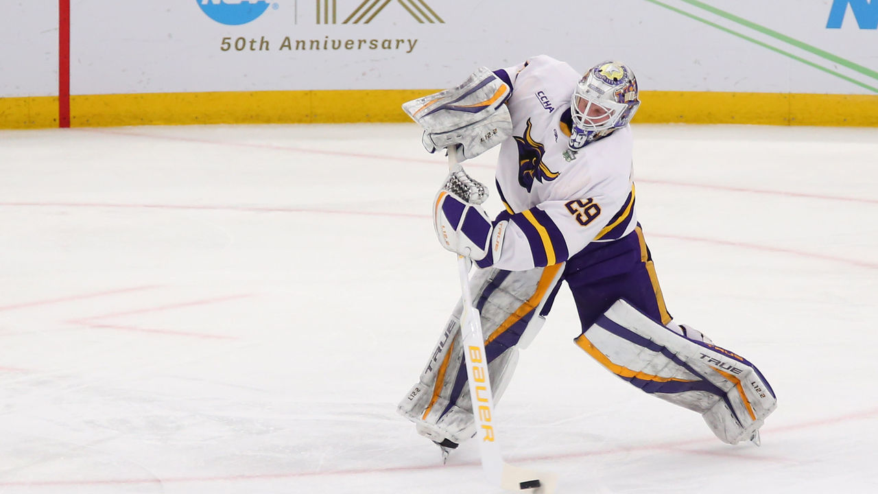 BOSTON, MA - APRIL 07: Minnesota State Mavericks goaltender Dryden McKay (29) plays the puck during the Frozen Four of the Men's Div I NCAA Hockey Championship between Minnesota Golden Gophers and Minnesota State Mavericks on April 7, 2022, at TD Garden in Boston, MA.
