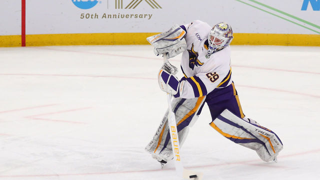 BOSTON, MA - APRIL 07: Minnesota State Mavericks goaltender Dryden McKay (29) plays the puck during the Frozen Four of the Men's Div I NCAA Hockey Championship between Minnesota Golden Gophers and Minnesota State Mavericks on April 7, 2022, at TD Garden in Boston, MA.