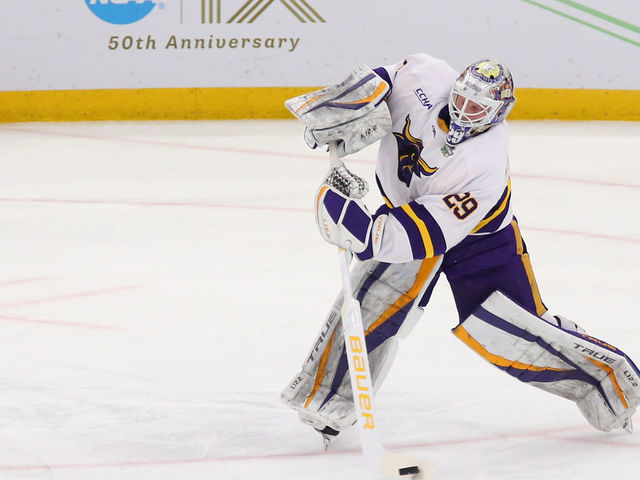 BOSTON, MA - APRIL 07: Minnesota State Mavericks goaltender Dryden McKay (29) plays the puck during the Frozen Four of the Men's Div I NCAA Hockey Championship between Minnesota Golden Gophers and Minnesota State Mavericks on April 7, 2022, at TD Garden in Boston, MA.