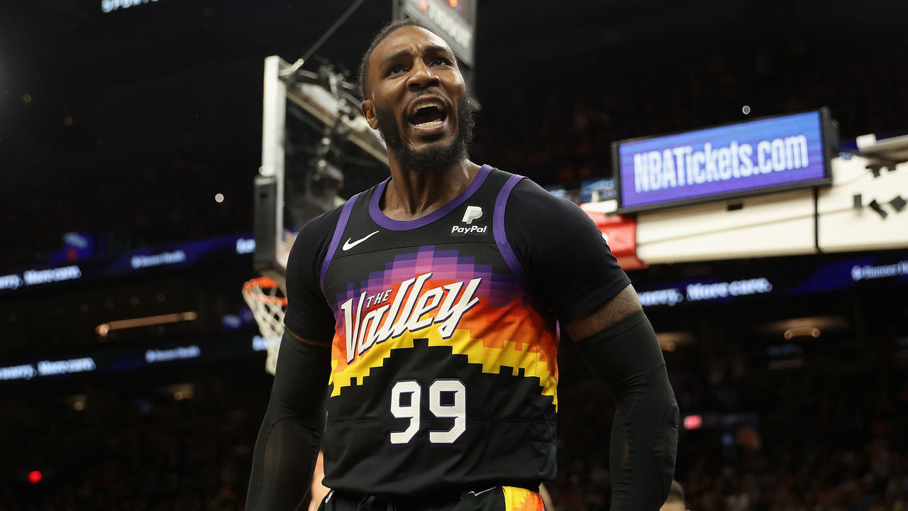 PHOENIX, ARIZONA - APRIL 17: Jae Crowder #99 of the Phoenix Suns reacts after scoring against the New Orleans Pelicans during the second half of Game One of the Western Conference First Round NBA Playoffs at Footprint Center on April 17, 2022 in Phoenix, Arizona. The Suns defeated the Pelicans 110-109.