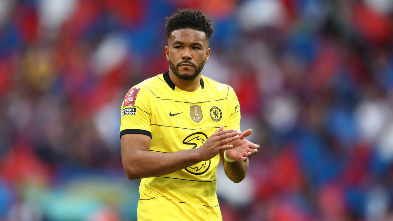LONDON, ENGLAND - APRIL 17: Reece James of Chelsea applauds the supporters at full-time following The FA Cup Semi-Final match between Chelsea and Crystal Palace at Wembley Stadium on April 17, 2022 in London, England.