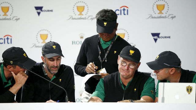MELBOURNE, AUSTRALIA - DECEMBER 13: Captain Ernie Els of South Africa and the International team, Assistant Captain Mike Weir of Canada and the International team, Assistant Captain Geoff Ogilvy of Australia and the International team, Assistant Captain K.J. Choi of South Korea and the International team, and Assistant Captain Trevor Immelman of South Africa and the International team take part in Saturday Four-Ball pairings on day two of the 2019 Presidents Cup at Royal Melbourne Golf Course on December 13, 2019 in Melbourne, Australia.
