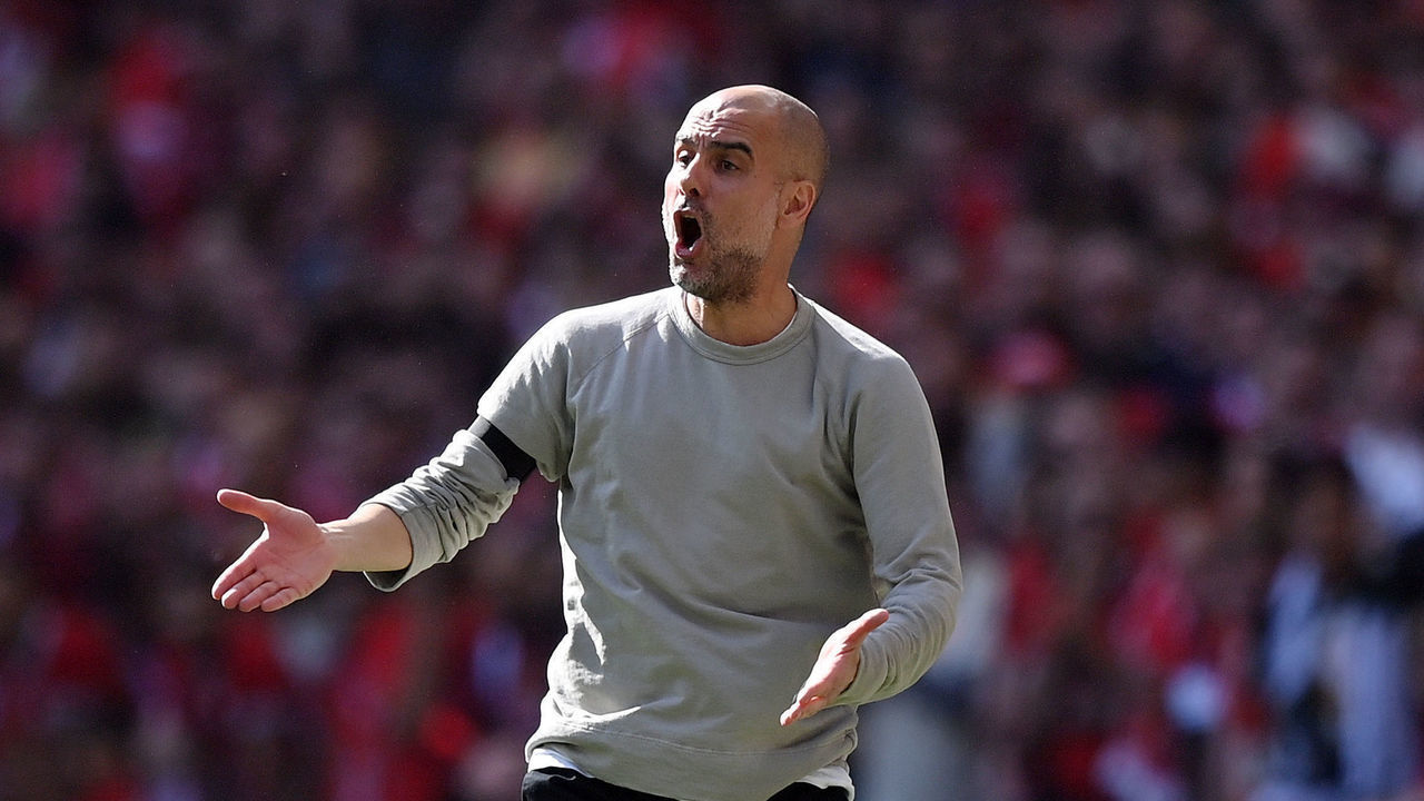 LONDON, ENGLAND - APRIL 16: Pep Guardiola, Manager of Manchester City reacts during The Emirates FA Cup Semi-Final match between Manchester City and Liverpool at Wembley Stadium on April 16, 2022 in London, England.