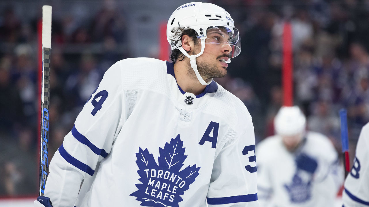 OTTAWA, ON - APRIL 16: Toronto Maple Leafs Center Auston Matthews (34) after a whistle during second period National Hockey League action between the Toronto Maple Leafs and Ottawa Senators on April 16, 2022, at Canadian Tire Centre in Ottawa, ON, Canada.