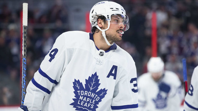OTTAWA, ON - APRIL 16: Toronto Maple Leafs Center Auston Matthews (34) after a whistle during second period National Hockey League action between the Toronto Maple Leafs and Ottawa Senators on April 16, 2022, at Canadian Tire Centre in Ottawa, ON, Canada.